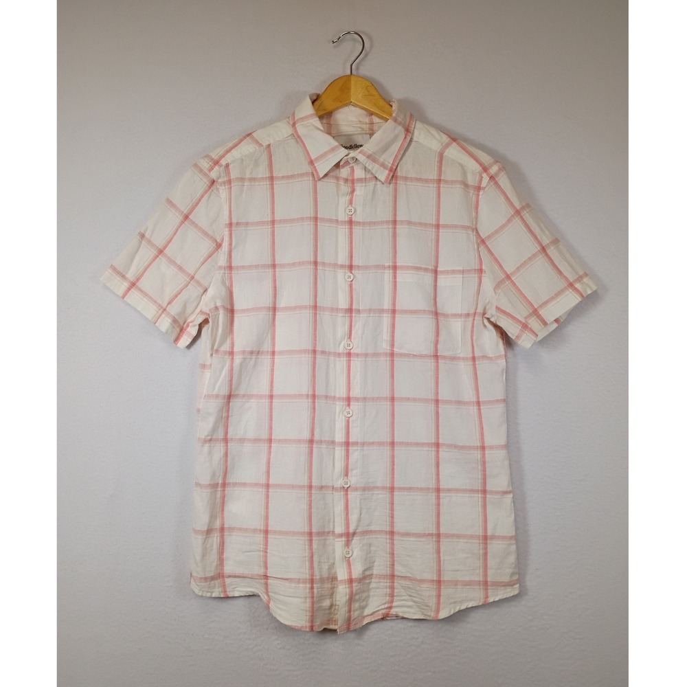 Preppy Goodfellow & Co Mens Small White Pink Plaid Linen Blend Slim Button Down